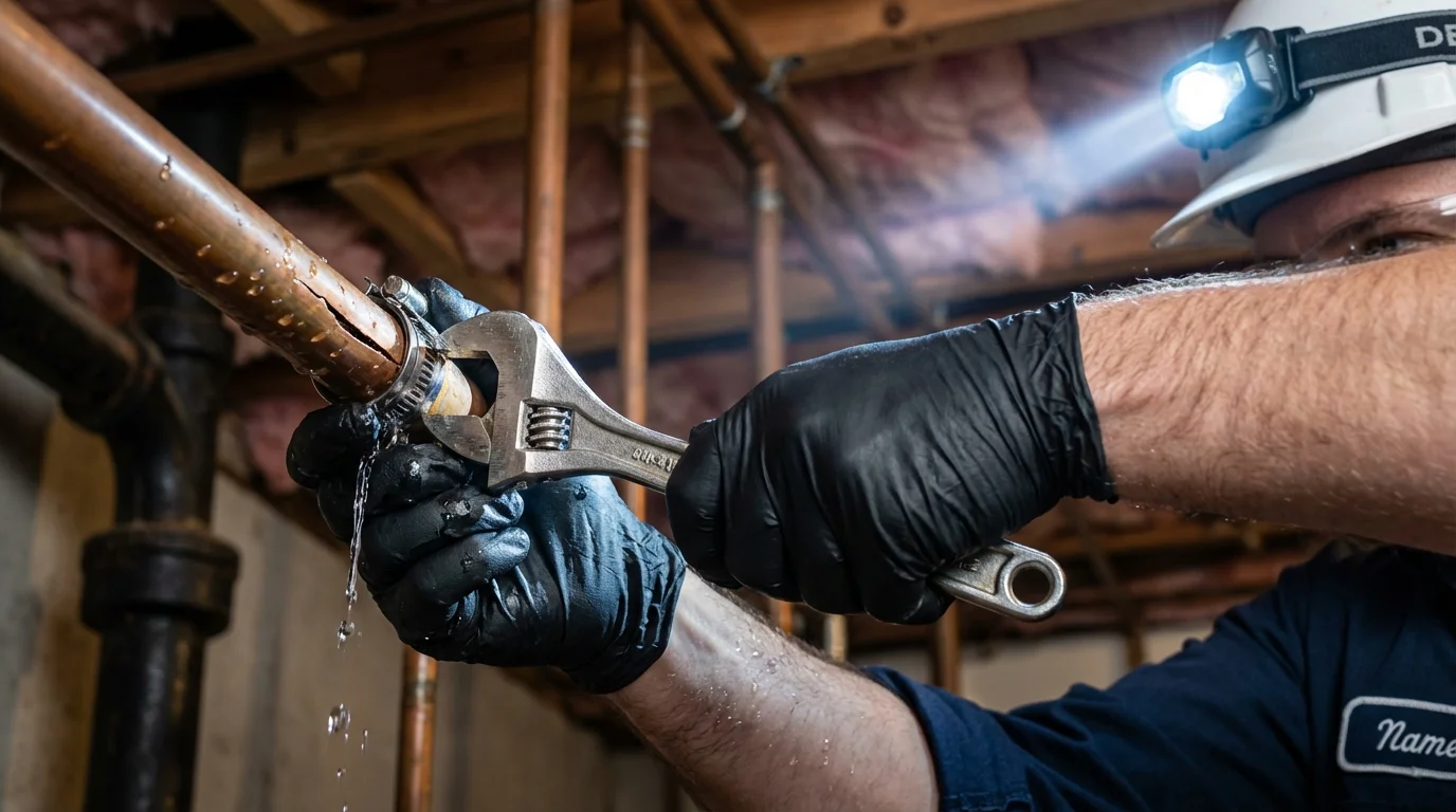 Emergency pipe clamp repair being performed by a Johns Plumbing LLC plumber in Bayville