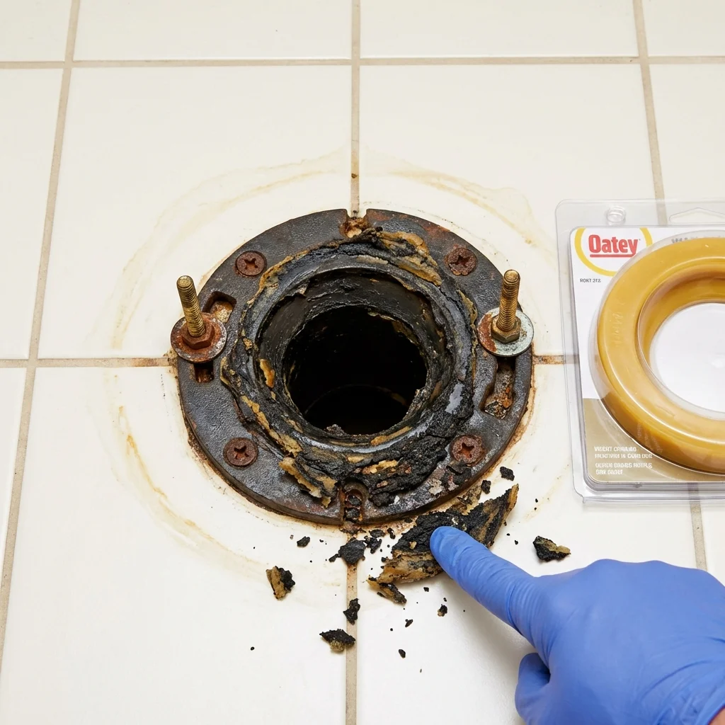 Failed wax ring showing water seepage at the base of a toilet in a Bayville, NJ home