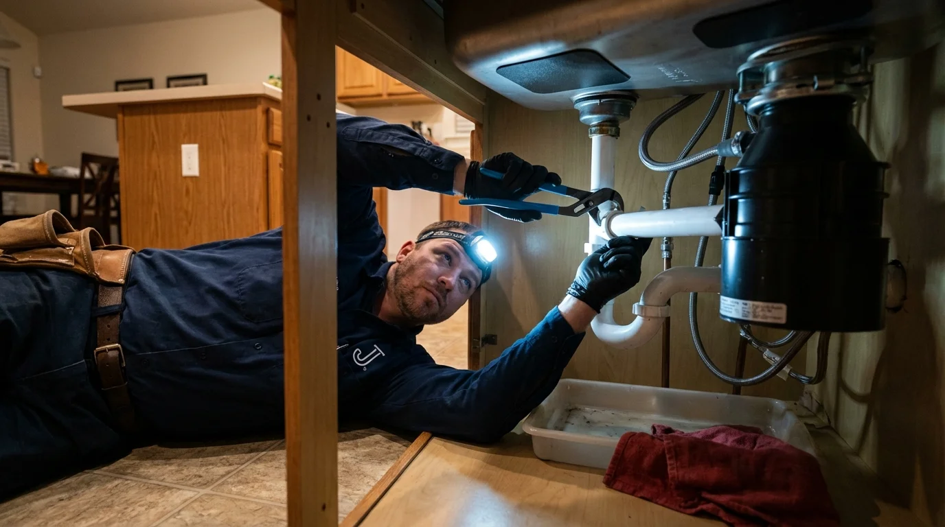 P-trap and supply line connections under a kitchen sink showing a common leak point in Bayville, NJ